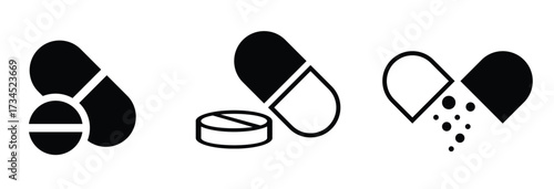 pill icon set. medicament and pharmaceutical symbol. medical design element