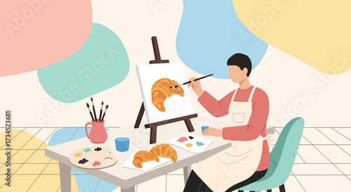 Creative hobbyist painting a croissant on canvas in studio setting illustration
