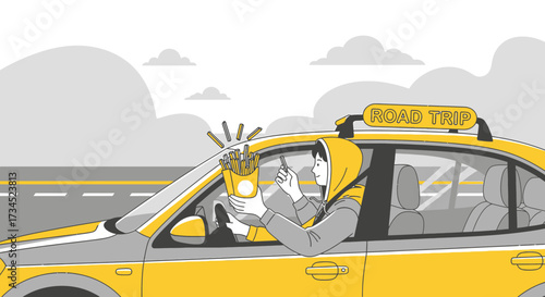Dangerous Distractions: Illustration of a Driver Texting and Eating While on a Road Trip