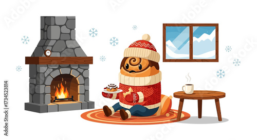 Cute cinnamon roll character enjoying a cozy winter day indoors by the fireplace