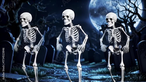 Three Animated Skeletons Dancing on a Graveyard Path Under a Full Moon