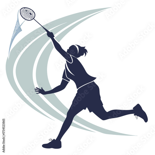 High-quality badminton player vector silhouette design showing dynamic sports action with racket and shuttlecock. Perfect for sports illustrations, athlete posters, fitness graphics, competition banne