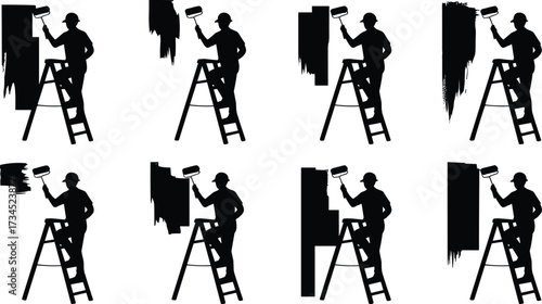 Silhouette of painter workers on ladder using paint roller for wall painting, construction labor, home renovation, building maintenance, decorating job, interior design improvement illustration
