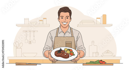 Delightful chef presenting a perfectly cooked steak in a modern kitchen setting illustration