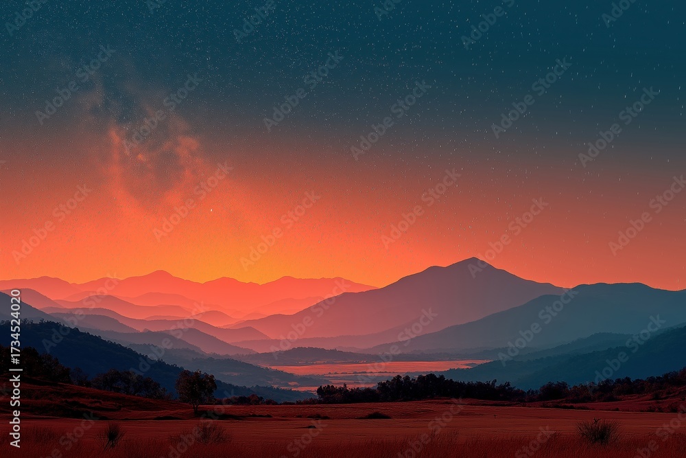 Obraz premium Orange sunset glow illuminating mountain twilight landscape