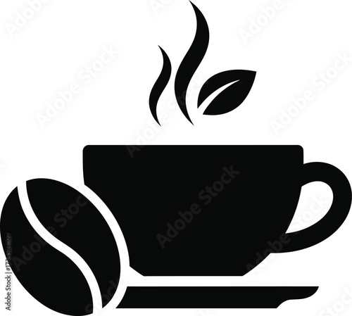 Black silhouette of a steaming coffee cup with a coffee bean and leaves