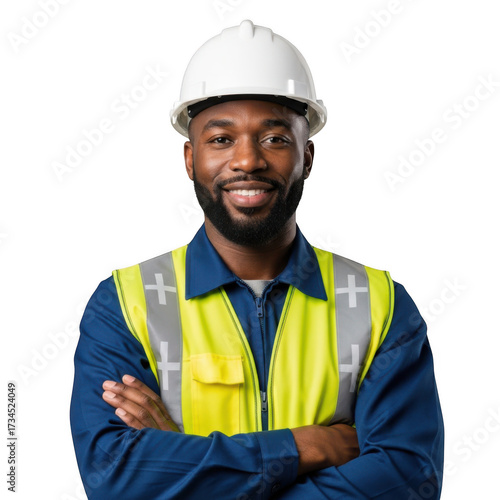 A smiling construction worker wearing a white hard hat and a bright yellow safety vest with reflective stripes isolated on transparent background