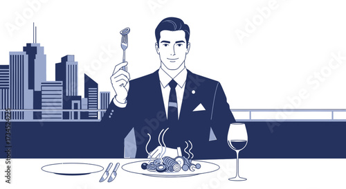 Elegant man enjoying fine dining with a cityscape view, showcasing sophistication and lifestyle