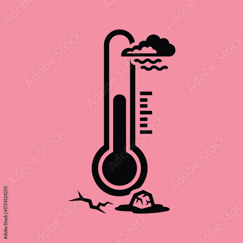 Thermometer displaying high temperature with cracked ground and a small rock on a pink