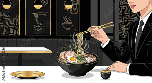 Elegant dining experience a businessman enjoys a steaming bowl of ramen in a stylish setting