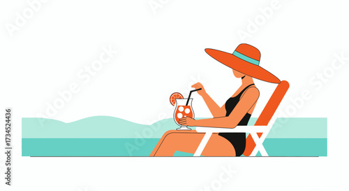 Elegant woman enjoys a refreshing cocktail on a beach chair during tropical vacation