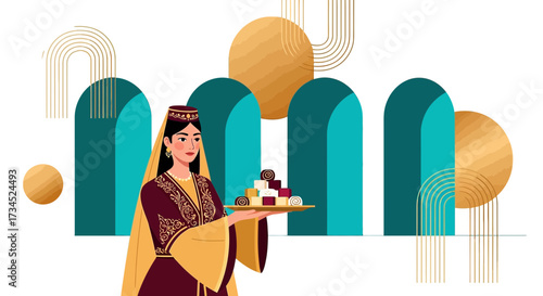 Elegant woman in traditional dress serving sweets with modern abstract background design