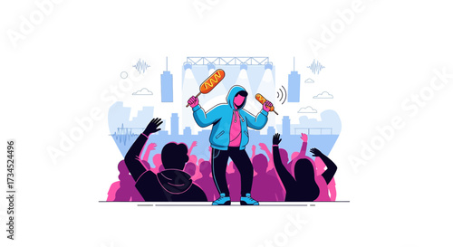 Energetic performer with corn dogs at concert engaging crowd and creating fun atmosphere