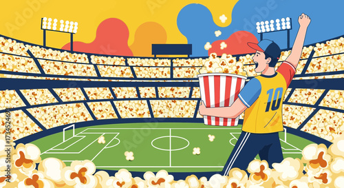 Enthusiastic soccer fan cheering with popcorn at a vibrant stadium illustration