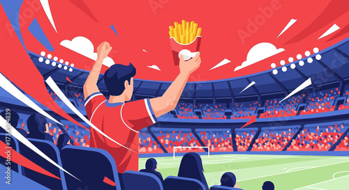 Excited soccer fan cheering with fries at a vibrant sports stadium illustration