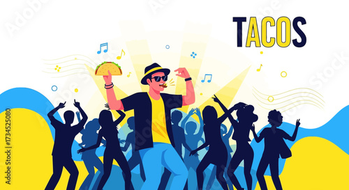 Festive taco party illustration with dancing silhouettes and musical notes adding to fun energetic