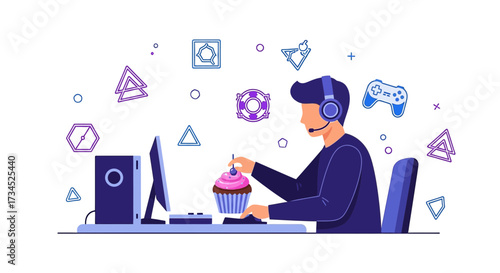 Gamer enjoying cupcake break while playing video games on computer with headset on