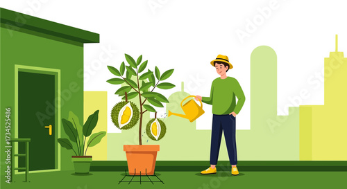Gardening in the City: A man waters his durian tree with city skyline in the background, a