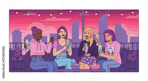 Group of friends celebrating and enjoying milkshakes on a rooftop terrace in the city at sunset
