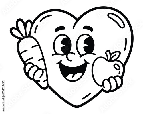 Happy heart character with apple and carrot isolated on white background