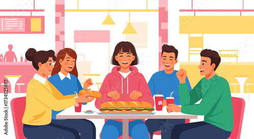 Group of friends enjoying a giant sandwich together at restaurant, illustration of shared moments