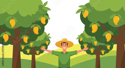 Happy farmer stands with arms outstretched in a bountiful mango orchard with lush trees