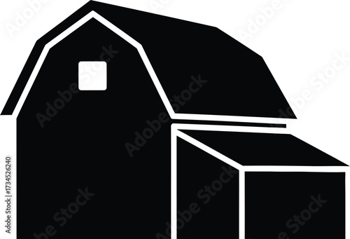 Simple black silhouette of a barn with attached lean to