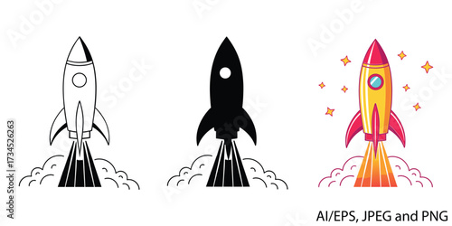 Three rocket launch icons showcasing different styles and colors for space exploration vector