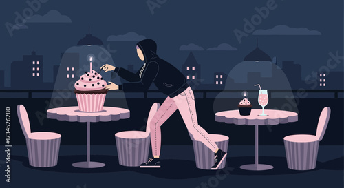 Hooded Figure Stealing a Large Cupcake from an Outdoor Cafe at Night Depicts a Whimsical and