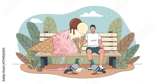 Humorous illustration of a man with a melting ice cream cone on a park bench near pigeons