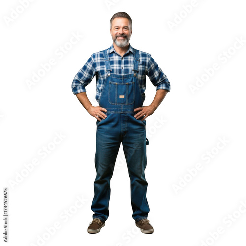 Wallpaper Mural A confident middle aged man with a beard and mustache wearing blue denim overalls and a plaid shirt stands with hands on hips isolated on transparent background Torontodigital.ca