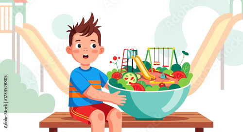 Illustration of a boy holding a salad bowl with a playground inside outdoors happy and healthy