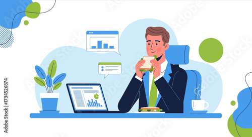 Illustration of a businessman eating lunch while working at his desk with laptop and reports