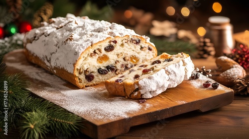 Traditional German Christmas Stollen fruit bread with powdered sugar and dried fruits on a festive wooden table. Perfect for cookbooks and holiday blogs.