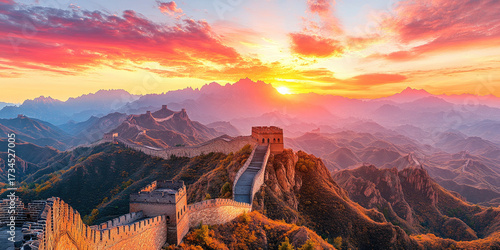Great Wall of China snaking over lush green mountains under a vivid orange-pink sunset, ancient stone fortifications and watchtowers silhouetted against a dramatic sky