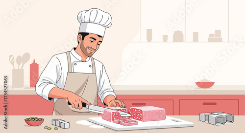 Illustration of a chef slicing sausage in a kitchen setting with a cheerful expression