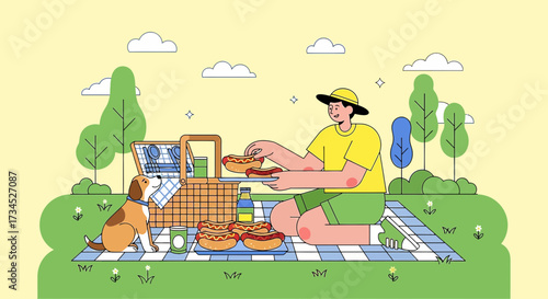 Illustration of a cheerful picnic in the park with hotdogs and a cute dog enjoying the sunny day