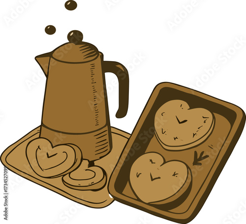 A cozy hand-drawn illustration of a coffee pot with steam rising, accompanied by trays of heart-shaped cookies in warm brown tones.