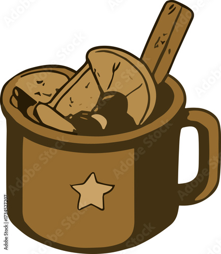 A cozy brown mug decorated with a star is filled with slices of citrus, berries, and a cinnamon stick, resembling a warm spiced drink.