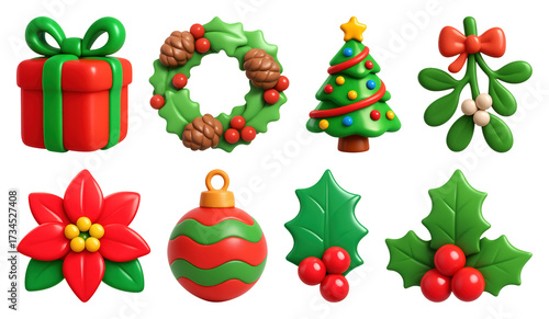 PNG Festive 3D Christmas decorations collection, element set on transparent background