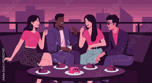 Illustration of a group of friends enjoying dessert and conversation on a rooftop terrace