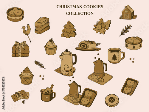 A festive Christmas cookies collection featuring hand-drawn holiday treats, hot drinks, and seasonal sweets in a rustic vintage style.