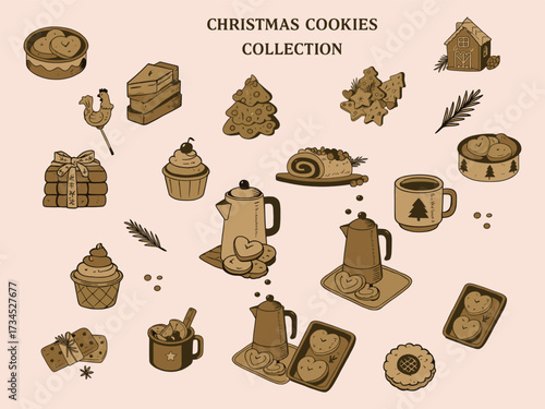A festive Christmas cookies collection featuring hand-drawn holiday treats, hot drinks, and seasonal sweets in a rustic vintage style.