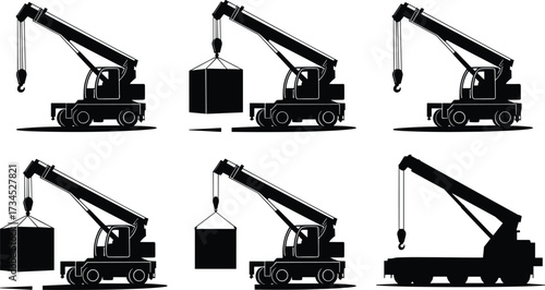 Silhouette of mobile crane lifting cargo, heavy construction equipment, industrial machine, building site work, transportation, civil engineering, logistics, lifting operation illustration