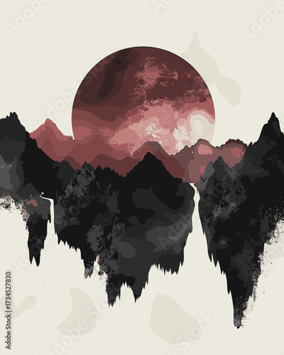 A surreal landscape features jagged black mountains rising into the sky with a massive red celestial body glowing behind them.