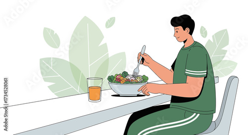 Illustration of a Man Enjoying a Healthy Meal with Salad and Juice, Promoting Wellness