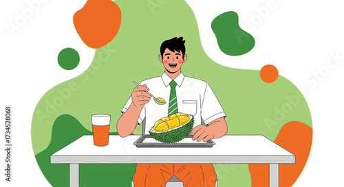 Illustration of a man enjoying durian at a table with a glass of orange juice background
