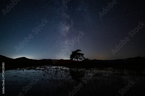 A view of a meteor cutting through the Milky Way over Kelly Hall Tarn in the English Lake District