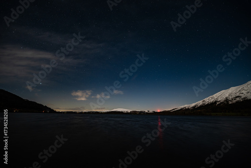 A panoramic view of Bassenthwaite Lake in the English Lake District on a winters night