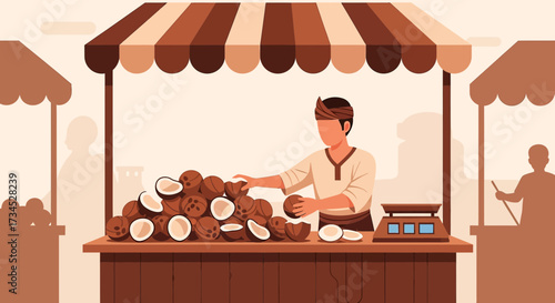 Illustration of a man selling coconuts at a traditional market stall with brown tones and simple